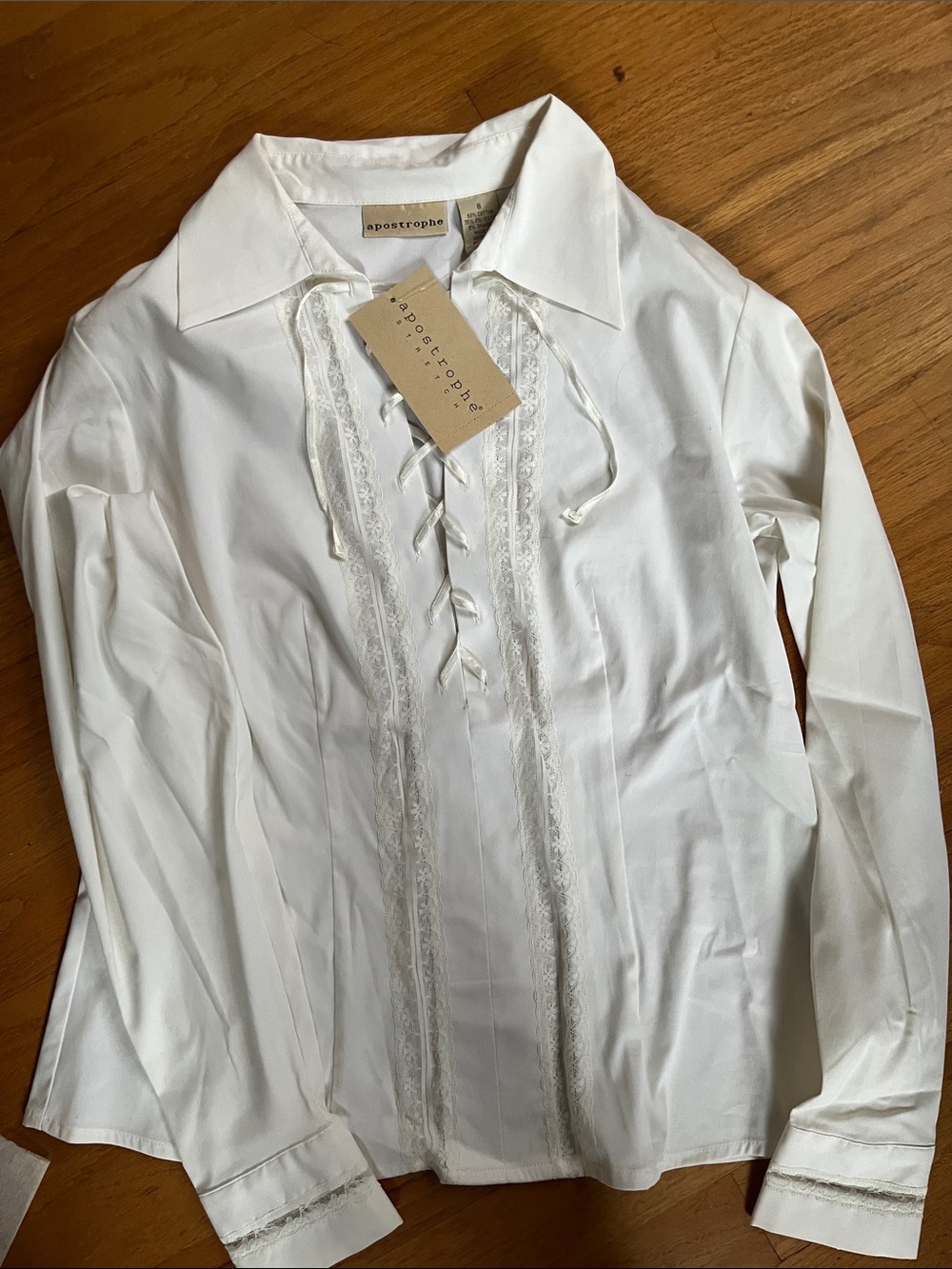 Apostrophe White Lace-Up Poplin Shirt with Lace Trim